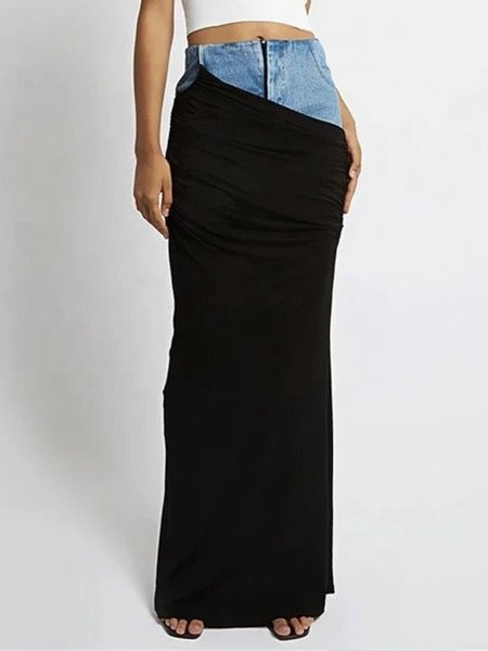 

Denim Regular Fit Color Block Urban Denim Skirt, Blue, Denim Skirts