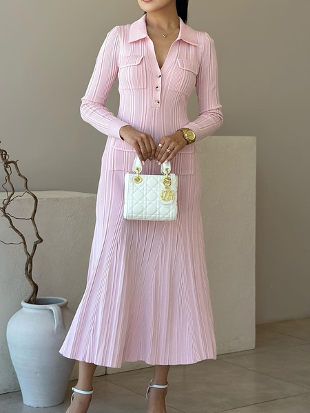 

High Elasticity Tight Elegant Shirt Collar Long Sleeve Sweater Dress, Pink, Maxi Dresses