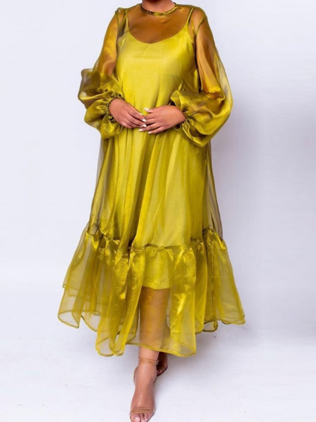 

Elegant Plain Crew Neck Long Sleeve Loose Maxi Dress, Yellow, Maxi Dresses
