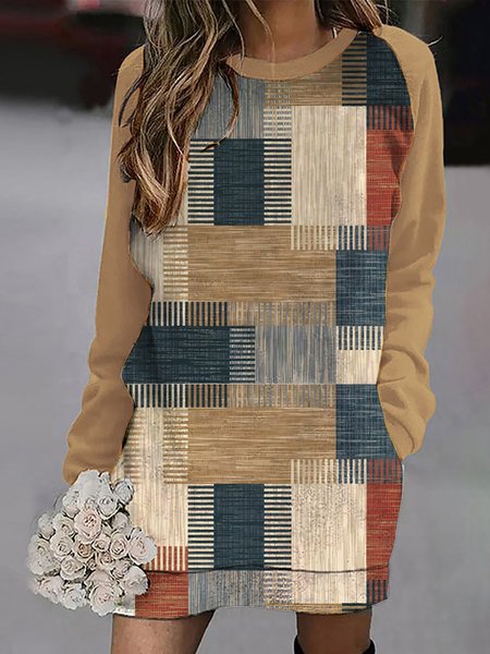 Casual Geometric Loose Dress, Khaki, Dresses