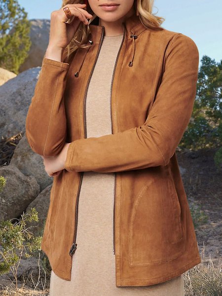 

Loose Stand Collar Suede Casual Coat, Brown, Coats