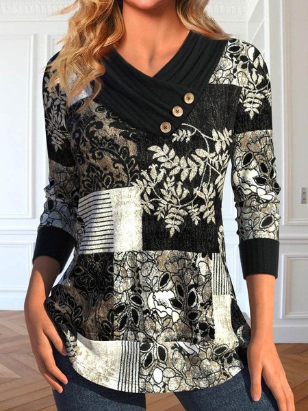 

Loose Floral Casual Split Joint Shirt, Black, Shirts & Blouses