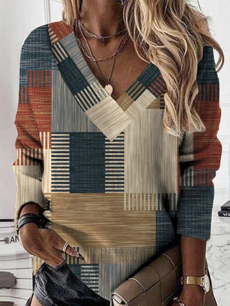 

Geometric V Neck Casual Loose Shirt, Khaki, Long sleeves