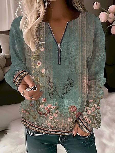 

Zipper Casual Floral V Neck Sweatshirt, Green, Sweatshirts & Hoodies