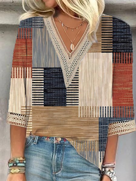

Casual Loose V Neck Geometric Shirt, Khaki, Shirts & Blouses