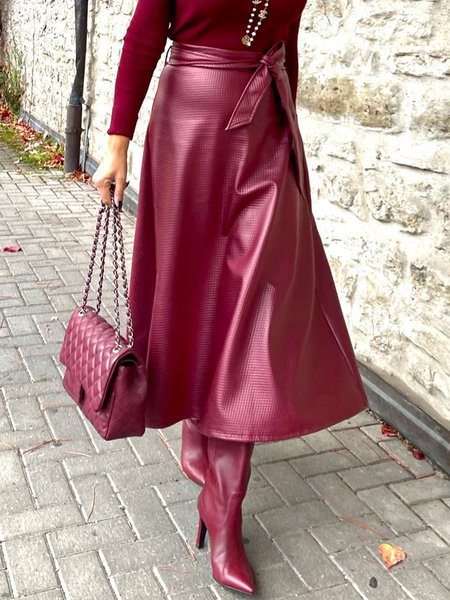 

Regular Fit Urban Plain Leather Skirt With Belt, Wine red, Skirts