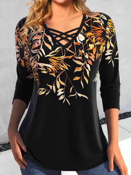 

V Neck Casual Floral T-Shirt, Black, Long sleeves