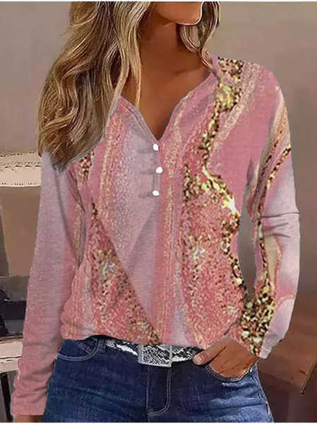 

Abstract V Neck Loose Casual Shirt, Pink, Shirts & Blouses