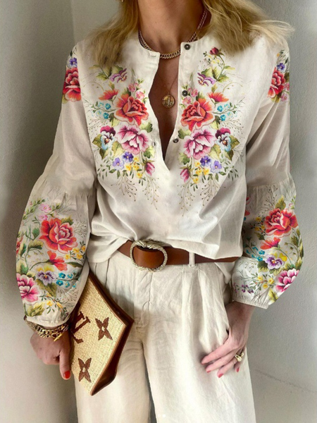 

JFN Cotton & Linen Loose Floral Vacation Shirt, As picture, Shirts & Blouses