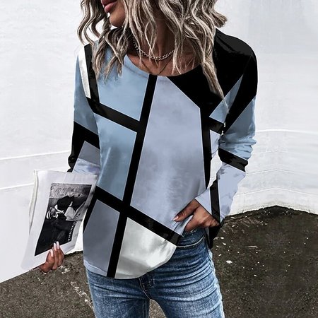 

Ethnic Crew Neck Geometric Loose T-Shirt, Blue, Long sleeves