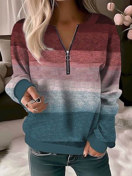 

Casual Zipper V Neck Multicolor Block Sweatshirt, Red, Hoodies&Sweatshirts