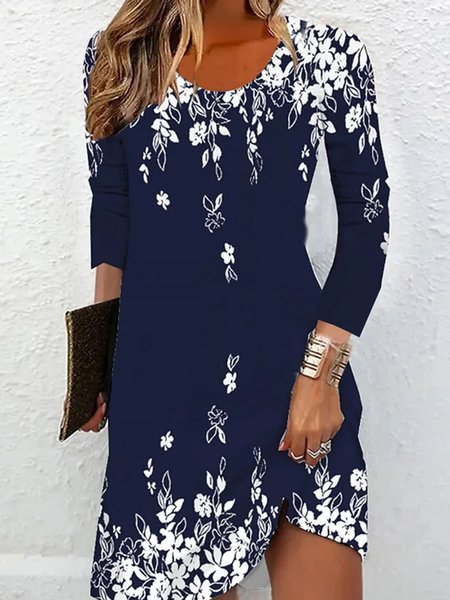 

Plus Size Crew Neck Casual Floral Dress, Dark blue, Dresses