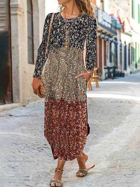 

Floral Crew Neck Casual Long Sleeve Loose Maxi Dress, Multicolor, Dresses