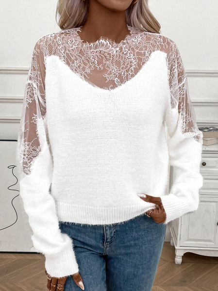 

Casual Plain Lace Wool/Knitting Sweater, White, Sweaters