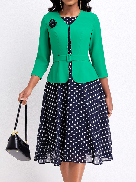 

Casual Regular Fit Crew Neck Polka Dots Two-Piece Set, Green, Party Dresses