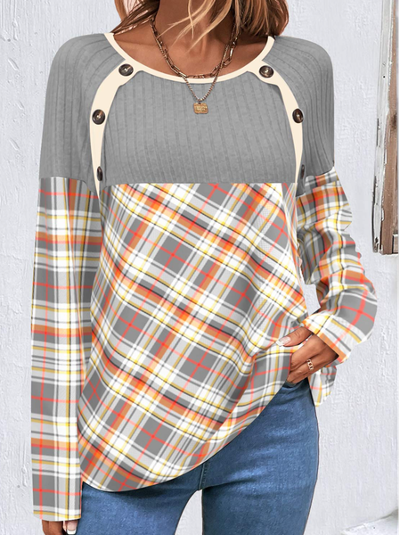 

Casual Loose Crew Neck Plaid T-Shirt, Orange, T-Shirts