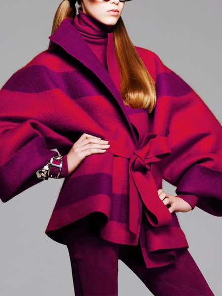 

Loose Striped Urban Shawl Collar Coat, Deep pink, Coats