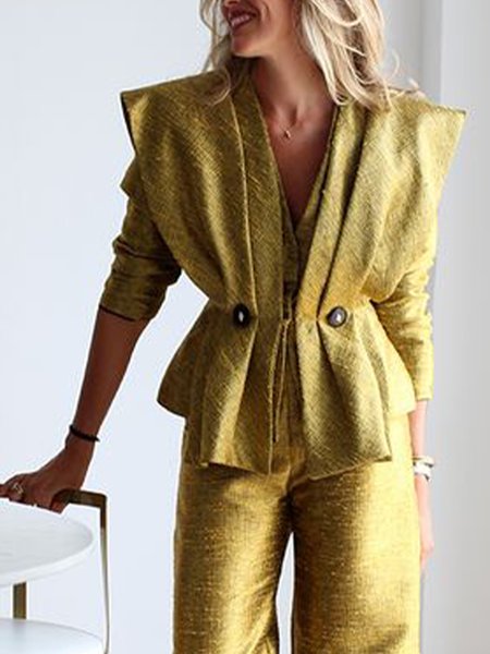 

V Neck Plain Elegant Regular Fit Jacket, Golden, Jackets