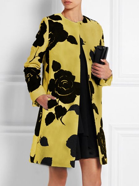 

Elegant Crew Neck Floral Print Pockets Jacket, Yellow, Jackets
