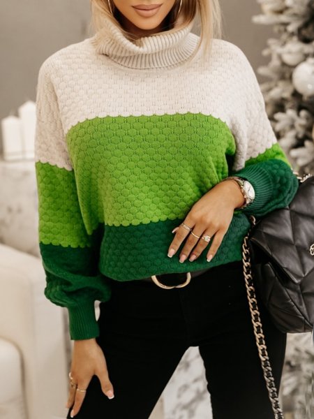 

Urban Turtleneck Color Block Loose Sweater, Green, Pullovers