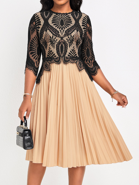 

Lace Elegant Regular Fit Crew Neck Dress With, Khaki, Party Dresses