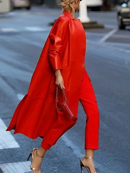 

Urban Loose Long Sleeve Lapel Collar Leather Coat, Red, Jackets