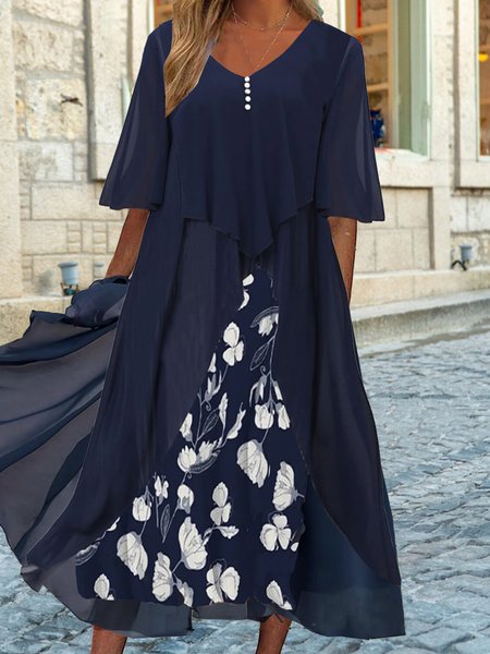 

Elegant Regular Fit Floral V Neck Two-Piece Set, Blue, Suit Set