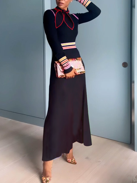 

High Elasticity Elegant Long Sleeve Others Sweater Dress, Black, Maxi Dresses
