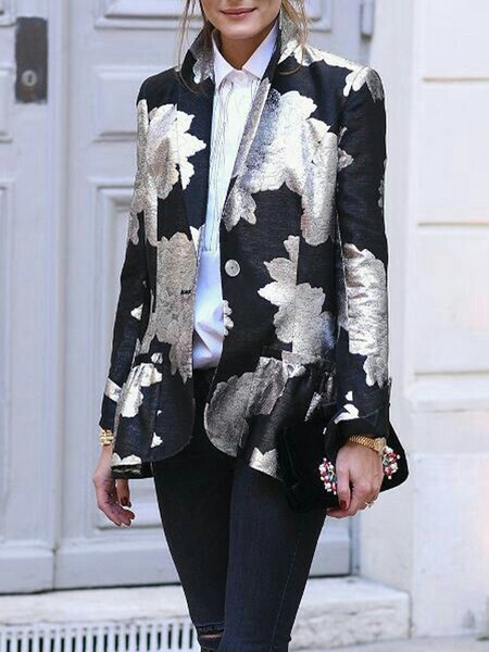

Floral Lapel Collar Elegant Regular Fit Jacket, Black, Jackets