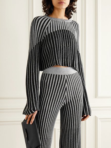 

Crew Neck Striped Urban Crop Sweater, Gray, Pullovers