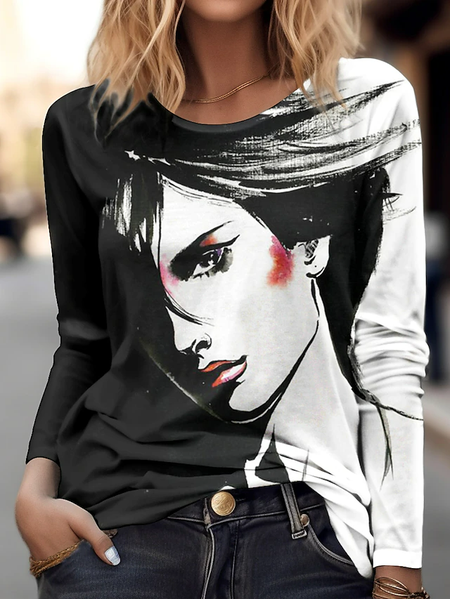 

Casual Crew Neck Figure Knitted T-Shirt, Black, T-Shirts