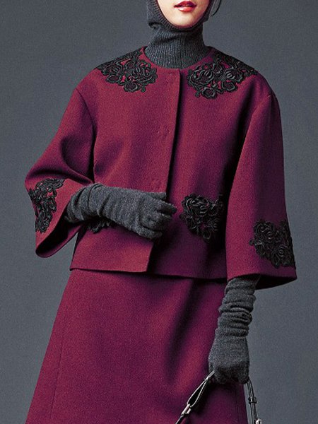 

Elegant Crew Neck Lace Edge Loose Plain Jacket, As picture, Jackets
