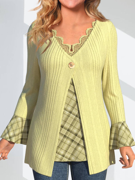 

Loose Casual Plain Lace Shirt, Yellow, Shirts & Blouses