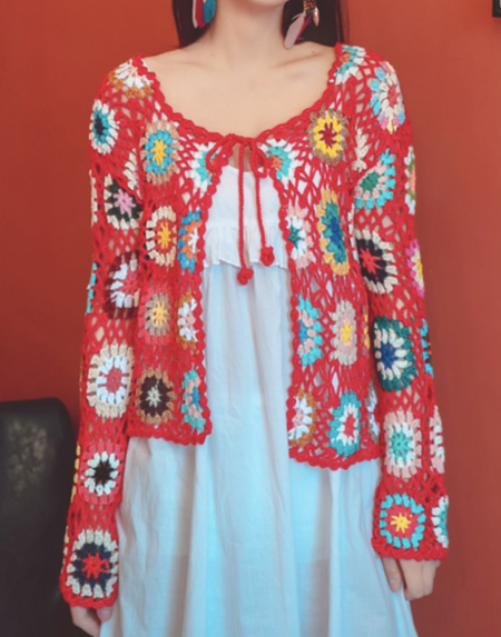 

Women Woven Ethnic Long Sleeve Comfy Boho Hollow Out Cardigan, Red, Cardigans
