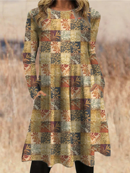 

Casual Floral Crew Neck Regular Fit Dress, Yellow, Dresses