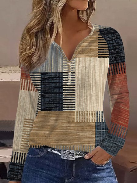 

Casual Notched Plaid Knitted T-Shirt, Brown, T-Shirts