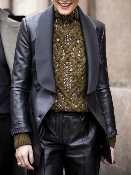 

Long Sleeve Plain Urban Shawl Collar Leather Coat, Black, Jackets