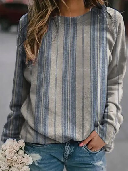 

Loose Striped Casual Crew Neck Sweatshirt, Blue, Sweatshirts & Hoodies