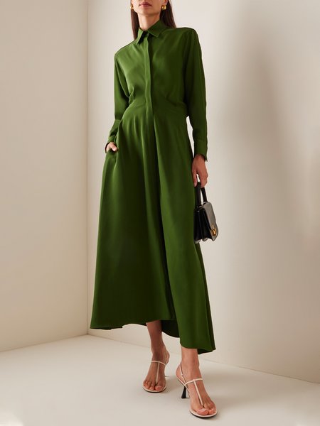 

Regular Fit Shirt Collar Urban Plain Midi Dress With No Belt, Green, Midi Dresses