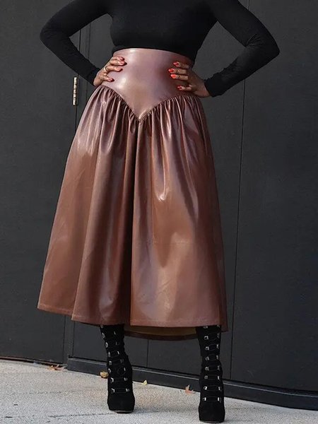 

Urban Plain High Waist PU Skirt, Brown, Skirts