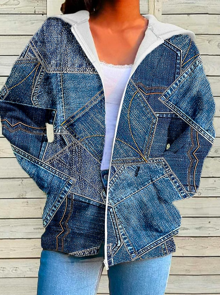 

Loose Hoodie Casual Color Block Coat, Blue, Coats