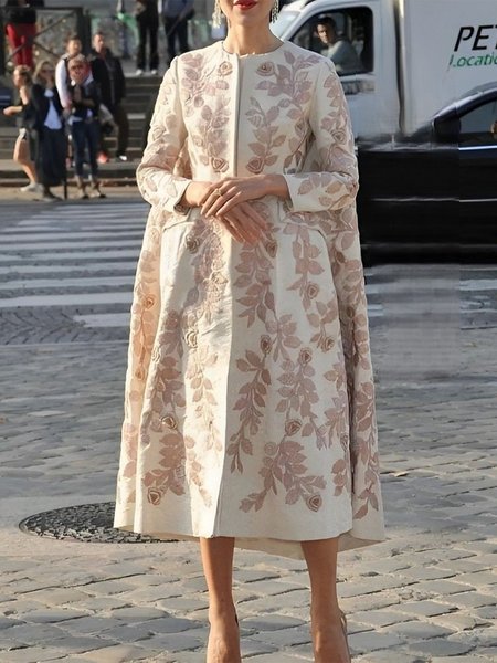 

Crew Neck Floral Loose Elegant Coat, Pink, Coats