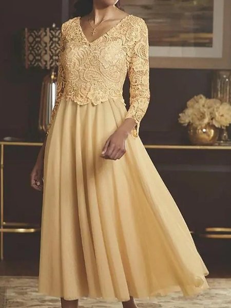 

V Neck Lace Plain Elegant Dress With No, Yellow, Party Dresses