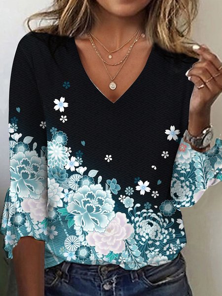 

Casual Flare Sleeve Loose V Neck T-Shirt, Black, T-Shirts