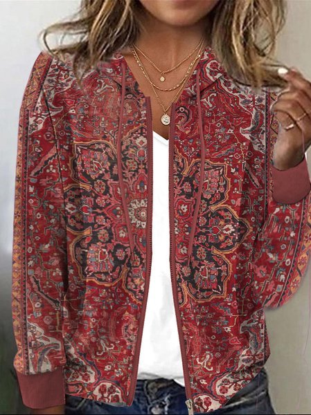 

Knitted Loose Casual Hoodie Ethnic Jacket, Red, Jackets