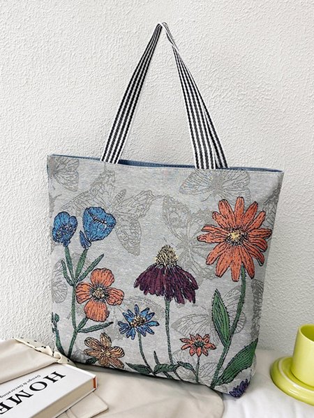 

Casual Cartoon Cat Floral Shopping Tote with Zipper, Color12, Women's Bags