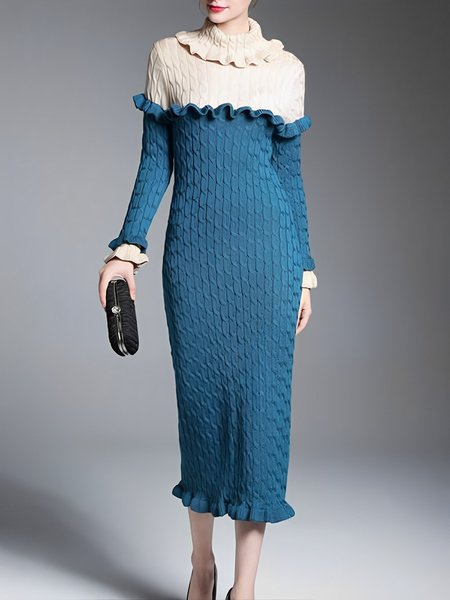 

Regular Fit Elegant Shawl Collar Sweater Dress, Blue, Midi Dresses
