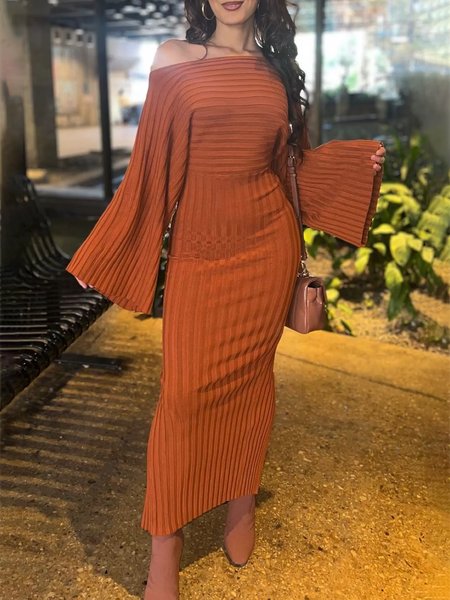 

One Shoulder Long Sleeve Elegant Plain Sweater Dress, Brown, Maxi Dresses