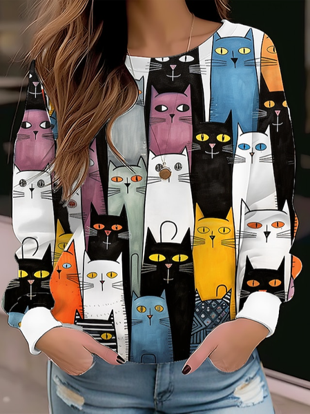 

Cat Crew Neck Casual Loose Sweatshirt, Black, Sweatshirts & Hoodies