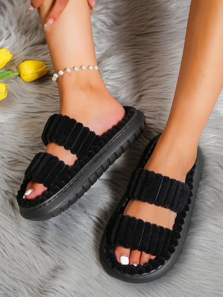 

Casual Double Strap Corduroy Fluffy Slippers, Black, Slippers